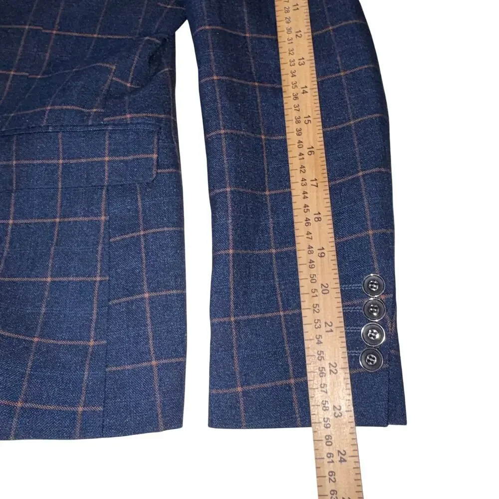 Slatl & Dean Luxury Men's Navy‎ Blue Windowpane Double Breasted Blazer Jacket